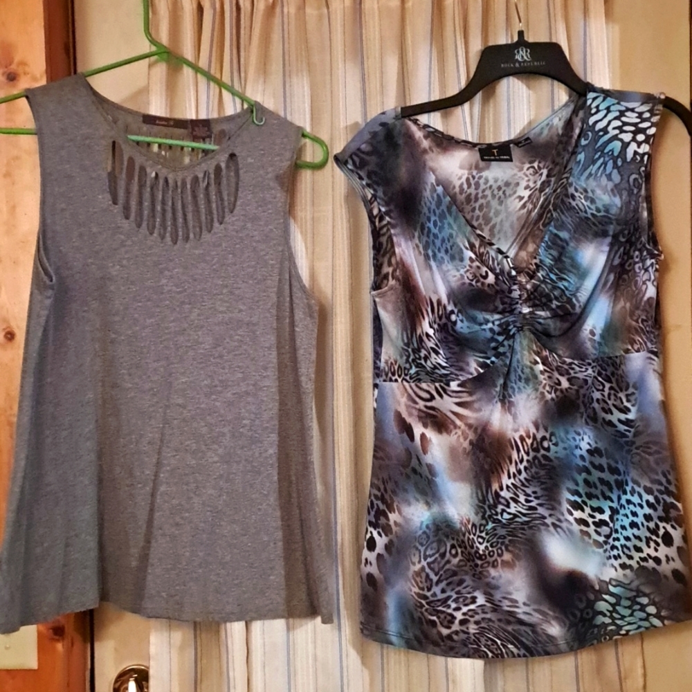 2 tank tops, Travel by Tribal blue/black animal print & gray Heather B w/cutouts